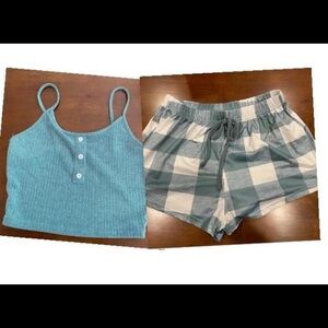 Blue Tank Top and Plaid Shorts Set